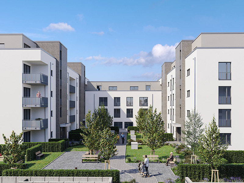 Quartier mit Neubauten. Die Gebäude sind grau-weiß und u-förmig angerichtet. Davor gibt es eine kleine Grünanlage